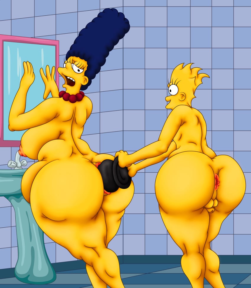 1boy 1girls anal anus bart_simpson belly big_ass big_breasts bynshy chubby chubby_female female femboy incest male marge_simpson mother_and_son sex_toy sissy small_penis the_simpsons