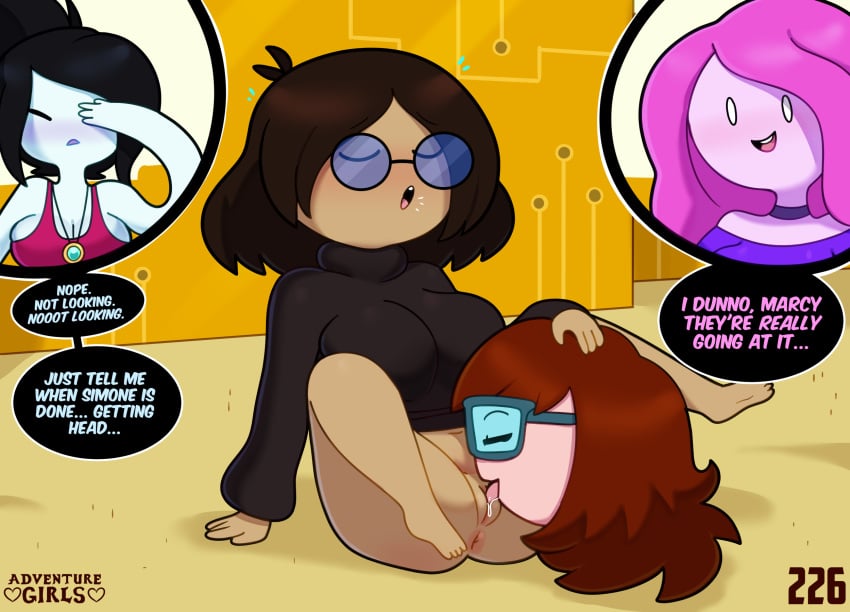 4girls adventure_girls adventure_time anus betty_grof big_breasts black_hair blush bottomless breasts brown_hair cleavage cunnilingus english_text glasses highres marceline multiple_girls necklace pink_hair princess_bubblegum pussy rule_63 simon_petrikov somescrub sweater text thick_thighs yuri