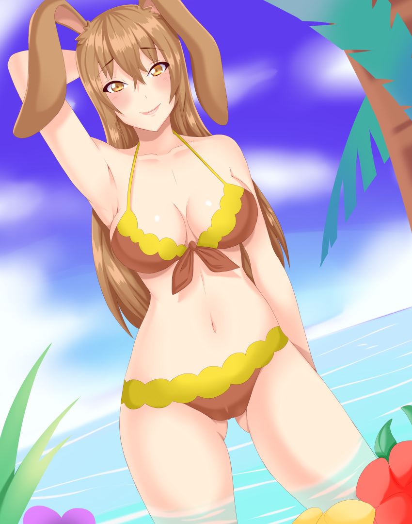 1girls 2022 beach big_breasts bikini breasts brown_bikini brown_clothing brown_eyes brown_hair bunny_ears bunny_girl female female_focus female_only haarmades hand_behind_head highres long_hair rabbit_ears rabbit_girl rwby solo solo_female tagme thick_thighs thighs velvet_scarlatina water