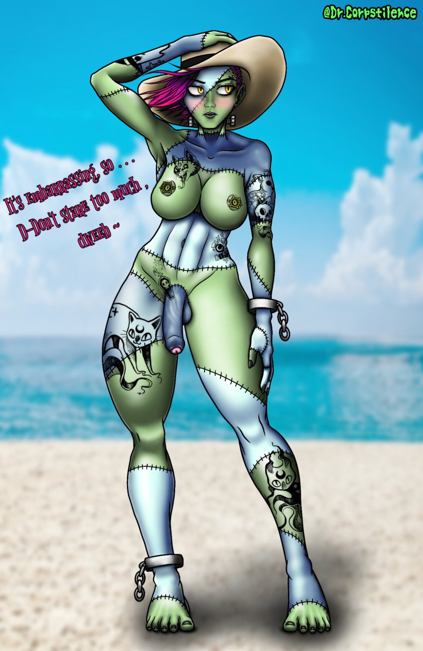 1futa abs beach big_breasts big_penis black_lipstick black_nail_polish black_nails blue_skin blush blushed breasts chains dialogue dickgirl dr_corpstilence feet fitness flaccid foreskin frankenstein frankenstein's_monster futa_only futanari goth goth_girl green_skin hat humanoid humanoid_penis monster_girl multicolored_body mythology naked naked_female nipple_piercing nipples penis pierced_nipples piercings purple_hair pussy scars scars_all_over solo standing stitches swimsuit tattooed_arm tattooed_legs tattoos text thick_thighs thighs tsundere underwear vega_stein veins veiny_penis visible_nipples visible_pussy yellow_eyes zombie zombie_girl