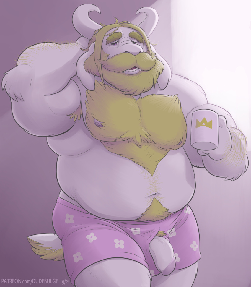 absurd_res anthro asgore_dreemurr beard blonde_hair body_hair boss_monster bovid caprine chest_hair clothed clothing coffee_mug dudebulge eyebrows facial_hair fur genitals goat hair hi_res horn male male_only mammal mature_anthro mature_male moustache navel nipples overweight overweight_anthro overweight_male penis pink_clothing pink_underwear poking_out solo topless undertale undertale_(series) underwear video_games white_body white_fur