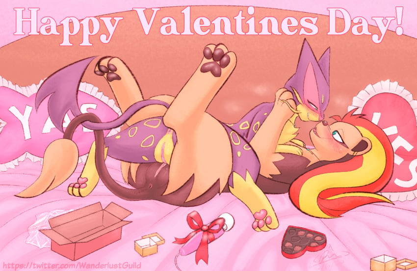 bed blush box_of_chocolates candy chocolate dessert duo felid feline female female/female feral feral_on_feral food fur furniture genitals gift gift_box happy happy_sex holidays liepard liliana_(wanderlust) mammal meme natalia_(wanderlust) nintendo nude on_bed open_mouth pawpads paws pillow pokémon_(species) pokémon_mystery_dungeon pokemon pussy pyroar rymherdier sex sex_toy smile spread_legs spreading tribadism vaginal_penetration valentine's_day vibrator video_games wanderlust yes_pillow yuri