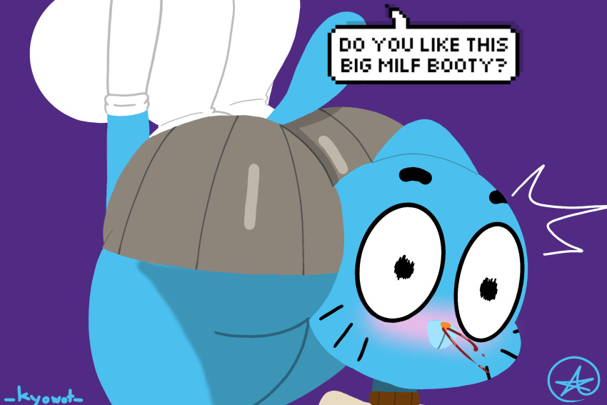 anthro ass blood blue_body blue_fur blush bodily_fluids bottomwear cartoon_network clothing female fur gumball_watterson hi_res incest lxndxntxwn male miniskirt mother_and_son nicole_watterson nosebleed skirt the_amazing_world_of_gumball