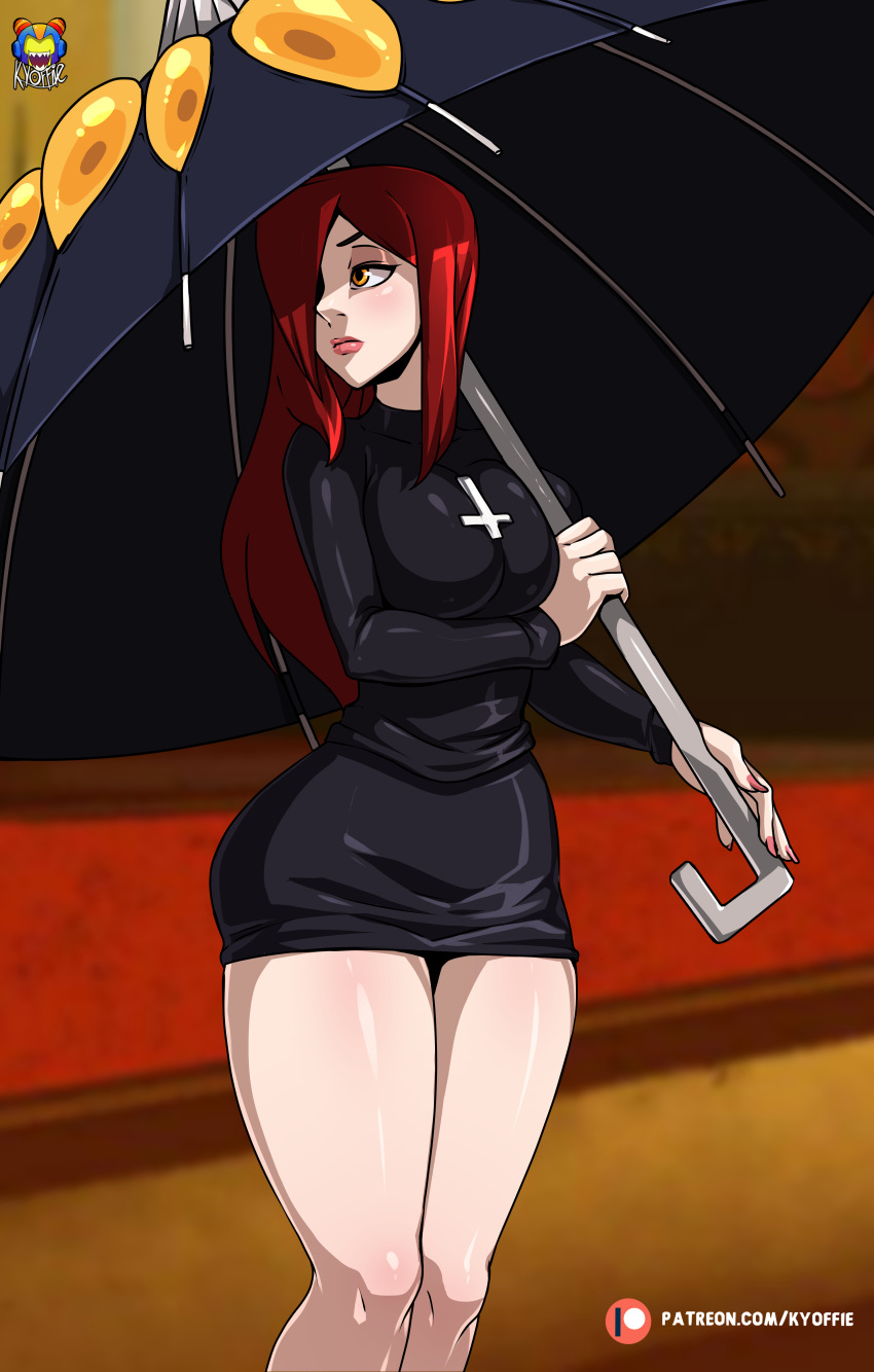 1girls big_breasts black_topwear breasts hair_over_one_eye kyoffie lipstick long_hair looking_back parasoul red_hair red_lips skullgirls solo solo_female thick_thighs tights upside_down_cross wide_hips yellow_eyes