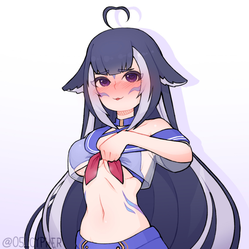 :3 ahoge black_hair blush breasts choker cypher_05 embarrassed heart heart-shaped_pupils highres hourglass_figure indie_virtual_youtuber lifting_shirt looking_at_viewer markings mlem orca purple_eyes sailor_uniform shylily skirt sole_female stomach tagme tongue_out underboob virtual_youtuber white_background