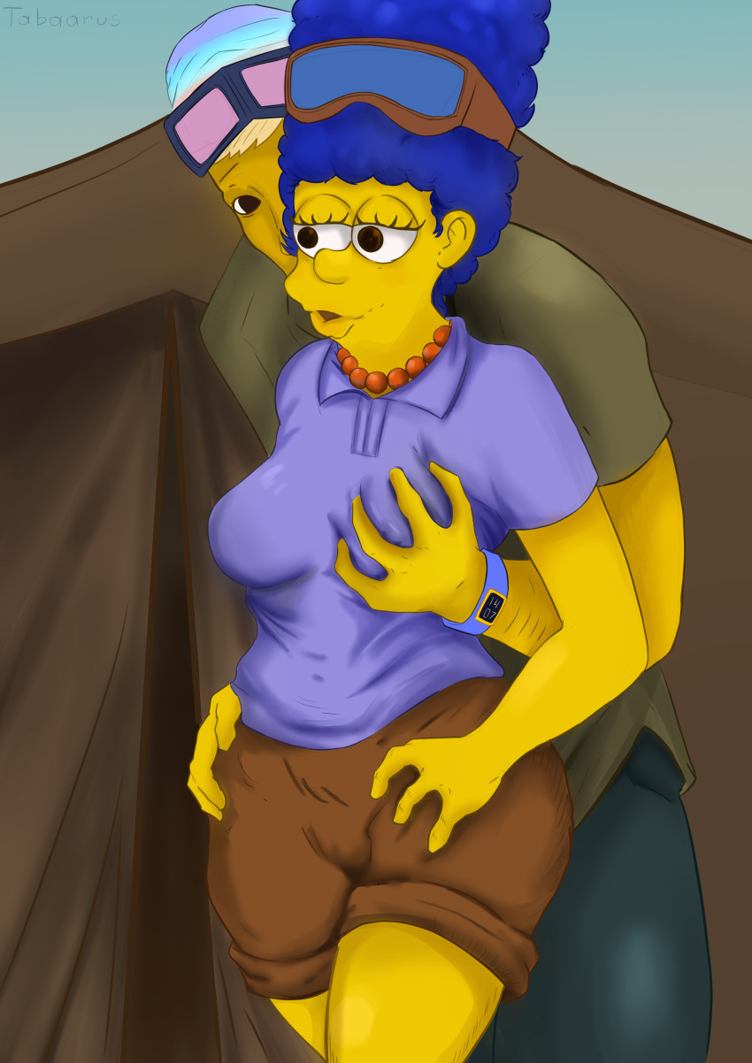 2022 blue_hair brown_eyes digital_media_(artwork) female harassment male/female marge_simpson milf shorts t-shirt tabaarus the_simpsons yellow_body