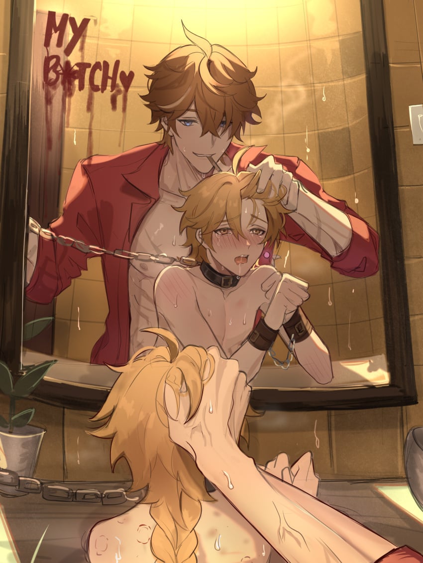 2boys aether_(genshin_impact) anal anal_sex bite_mark blush chains childe_(genshin_impact) cigarette collar femboy gay genshin_impact girly grabbing_hair ha___ze(twitter) ha_ze head_grab male_only mirror mirror_reflection tagme tartaglia_(genshin_impact) vein wrist_cuffs yaoi