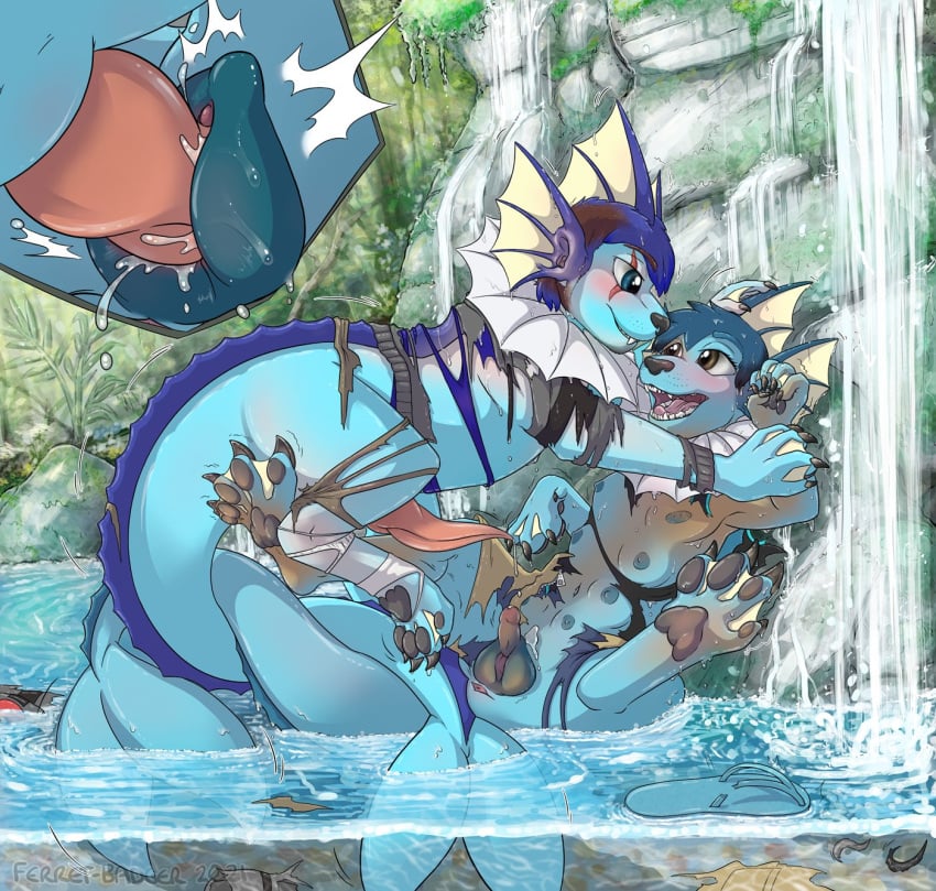 animal_genitalia animal_penis assimilation blue_body blue_eyes blush bodily_fluids breasts brown_eyes claws close-up clothing colored corruption detailed_background duo eeveelution eye_contact female female_penetrated feral ferret-badger_(artist) gender_transformation genital_fluids genitals hi_res human looking_at_another male male/female mammal membrane_(anatomy) mid_transformation mtf_transformation multi_breast nintendo nude paws penetration penile penile_penetration penis penis_shrinking pokémon_(species) pokemon pokemon_tf precum sex species_transformation torn_clothing transformation vaginal_penetration vaporeon video_games water