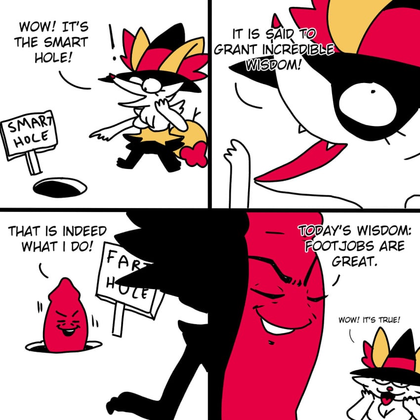 anthro braixen clothing comic dialogue disembodied_penis duo english_text female genitals hat headgear headwear hi_res humor male nintendo penis pokémon_(species) pokemon pokemon_(species) ponporio_(artist) post sentient_penis simple_background text video_games white_background witch_hat