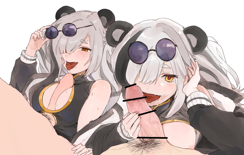 1boy animal_ears arknights bangs black_dress black_hair breasts censored china_dress chinese_clothes cleavage_cutout clothing_cutout dal-gi dress eyewear_on_head feater_(arknights) fellatio female grey_hair hair_between_eyes hair_over_one_eye highres licking licking_penis long_hair male_pubic_hair multicolored_hair multiple_views nipples oerba_yun_fang oral orange_eyes paizuri panda_ears panda_girl penis pubic_hair round_eyewear saliva simple_background straight streaked_hair tongue tongue_out white_background