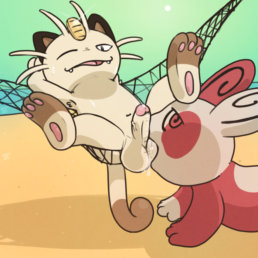 2022 absurd_res ambiguous_gender anthro argon_vile ball_suck balls bodily_fluids cute_fangs digital_media_(artwork) duo erection felid fur genitals hammock hands_behind_head hi_res humanoid_genitalia humanoid_penis male male/ambiguous mammal meowth nintendo nude one_eye_closed open_mouth oral penis pokémon_(species) pokemon pokemon_(species) saliva saliva_on_balls sex spinda spread_legs spreading sucking sweat vein veiny_penis video_games