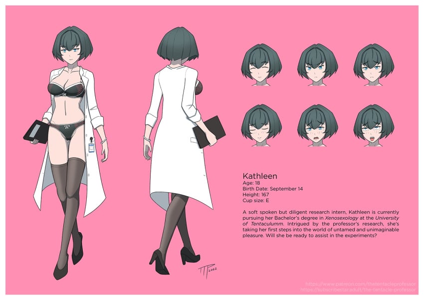 1girls big_breasts black_hair blue_eyes bra character_profile character_sheet female female_only heels human human_only kathleen_(ttp) lab_coat labcoat leggings light-skinned_female light_skin original_character scientist short_hair skirt the_tentacle_professor