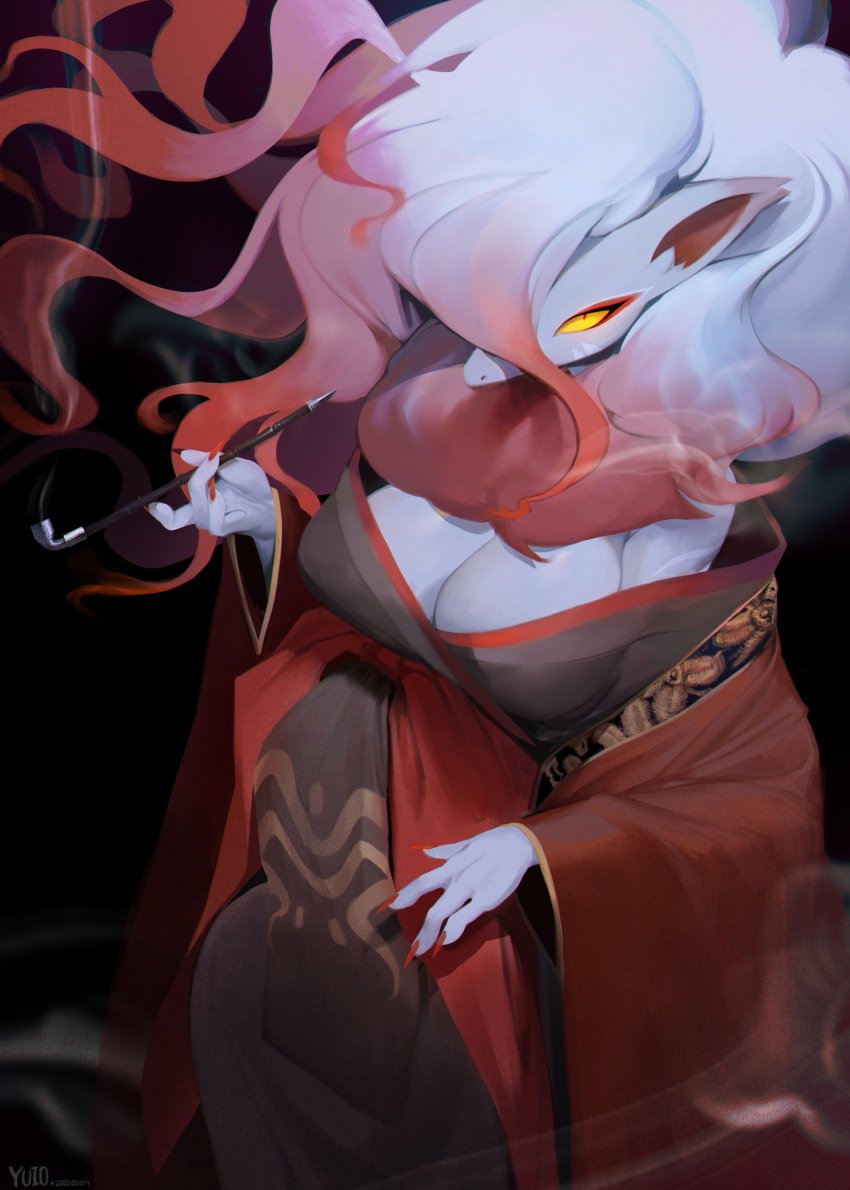 1girls anthro cleavage female female_only hisuian_zoroark japanese_clothes kimono looking_at_viewer nintendo pipe pokémon_(species) pokemon pokemon_(species) pokemon_legends:_arceus pokemon_only smoking smoking_pipe solo solo_female very_high_resolution yuio zoroark