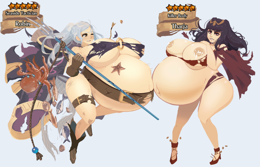 2girls absurd_res alternate_costume belly_expansion belt big_belly bikini black_bikini black_swimsuit boots breast_expansion coat disproportional expansion fire_emblem fire_emblem_awakening fire_emblem_heroes fish footwear gloves hi_res highres huge_belly hyper_belly hyper_breasts lactating lactation nintendo octopus official_alternate_costume pregnant purple_bikini purple_swimsuit red_bikini red_swimsuit ripped_clothing robin_(female)_(summer)_(fire_emblem) robin_(fire_emblem) robin_(fire_emblem)_(female) shoes starfish swimsuit tharja_(fire_emblem) thigh_belt thigh_strap trident twintails xcel-zero