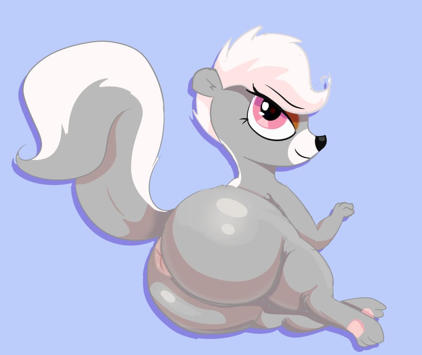 anonymous_artist anus ass big_butt eyeshadow female feral fur grey_body grey_fur hair hasbro hi_res huge_butt littlest_pet_shop makeup mammal mephitid pepper_clark pink_eyes simple_background skunk solo white_hair