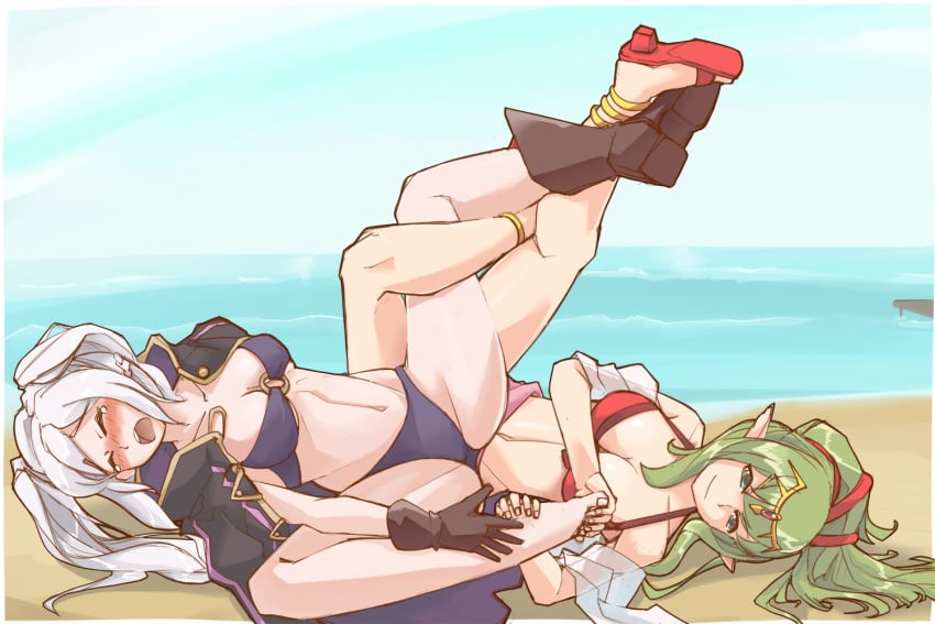 2girls alternate_costume beach bikini blush boots catfight cleavage coat fire_emblem fire_emblem_awakening fire_emblem_heroes footwear gloves jaegan leg_lock multiple_girls nintendo o-ring_bikini ocean official_alternate_costume purple_bikini purple_swimsuit red_bikini red_footwear red_swimsuit restrained robin_(female)_(summer)_(fire_emblem) robin_(fire_emblem) robin_(fire_emblem)_(female) sand sandals shoes spread_legs swimsuit thighs tiki_(adult)_(fire_emblem) tiki_(adult)_(summer)_(fire_emblem) tiki_(fire_emblem) twintails