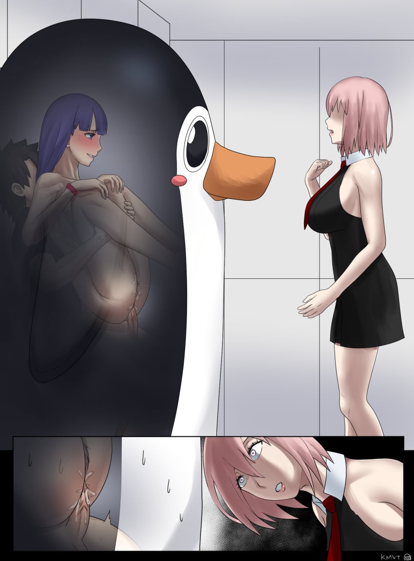 anal anal_juice anal_sex black_hair blush fate/grand_order fate_(series) fujimaru_ritsuka_(male) gray_hair hidden_sex kmvt69 mash_kyrielight penguin_costume purple_hair saint_martha she_knows stealth_sex suspicious unseen_male_face yandere