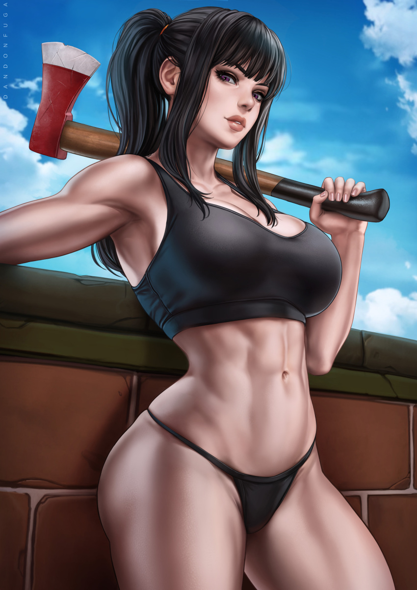 1girls abs against_wall armpits axe bangs bare_arms bare_shoulders bare_skin bare_thighs big_breasts black_hair breasts brick_wall busty child_bearing_hips clothed clothing dandon_fuga enen_no_shouboutai female female_focus female_only fire_axe fire_force fit fit_female hips holding_axe large_breasts long_hair muscular muscular_female navel oze_maki ponytail purple_eyes solo solo_female solo_focus standing tank_top thick_thighs thigh toned toned_female toned_stomach underwear wide_hips