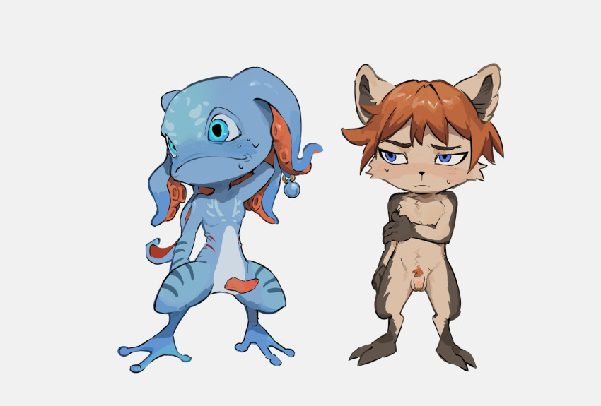 2boys anthro blue_eyes blush fizz_(lol) fur furry gay ghostgrass kennen league_of_legends male naked pubic_hair sweating yaoi yordle