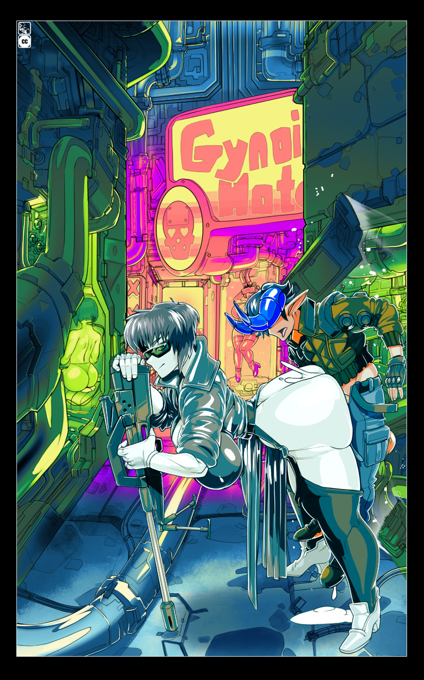 against_wall alley bogexplosion cleavage cleavage_overflow clothed_sex clothing_aside clothing_lift commission cum_in_pussy cyberpunk doggy_style dominant_female female_dominating_male ghost_in_the_shell glasses gun huge_ass huge_breasts huge_cock implied_penetration kusanagi_motoko larger_female lifted_by_another lifted_by_butt marlo_(original_character) older_female outdoor_sex power_bottom property_damage shades size_difference skin_tight slamming smaller_male smirk thighhighs