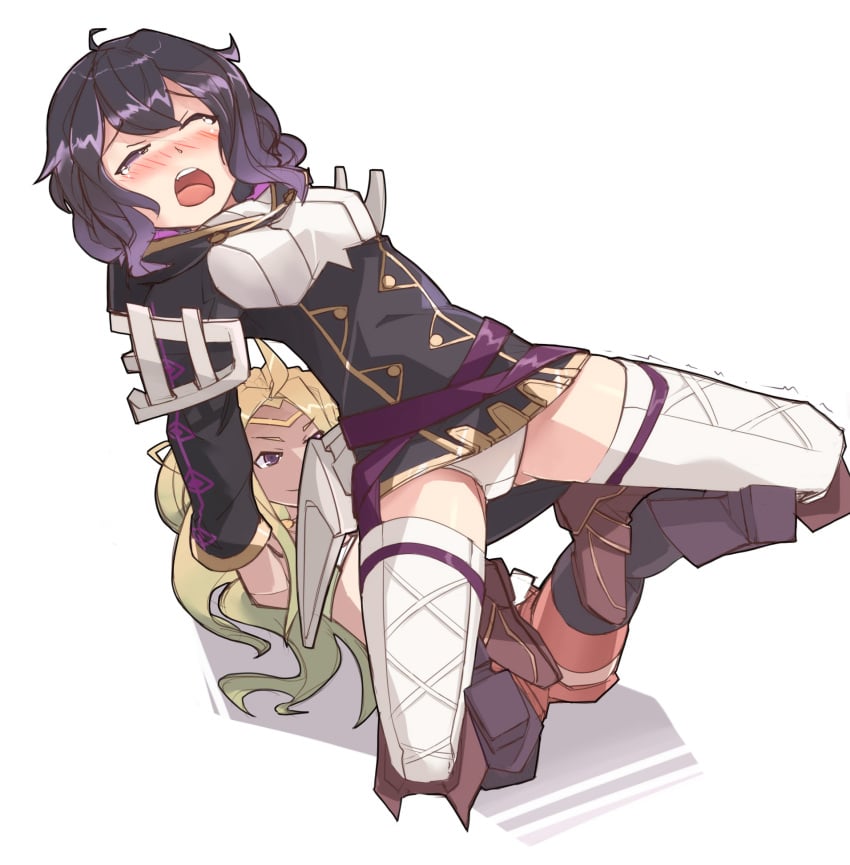 2girls blush boots catfight clothed female female_only fire_emblem fire_emblem_awakening jaegan morgan_(fire_emblem) morgan_(fire_emblem)_(female) multiple_girls nintendo nowi_(fire_emblem) panties pantyshot restrained spread_legs underwear upskirt white_background white_panties