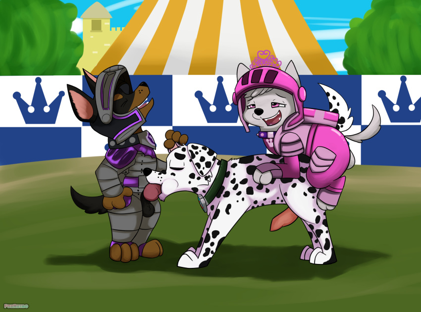 anal canid canine canis claw_(paw_patrol) closed_eyes detailed_background dobermann domestic_dog fan_character fellatio_from_feral female feral foxretro futanari genitals group hi_res hunting_dog husky intersex knight_armor male male/female mammal nordic_sled_dog oral paw_patrol penis pink_eyes pinscher presenting presenting_penis sex size_difference spitz sweetie_(paw_patrol) tail_motion tailwag terrier west_highland_white_terrier