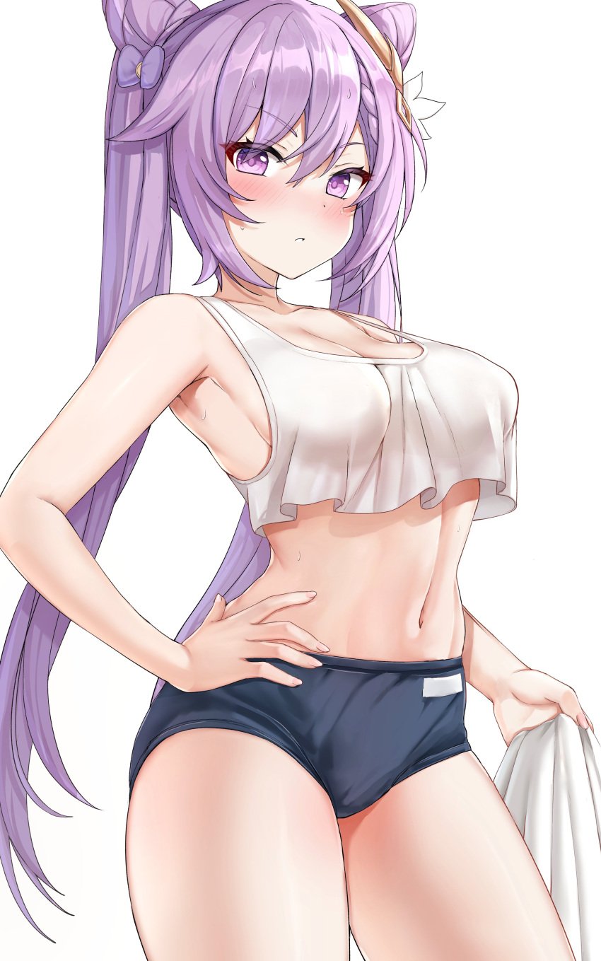 1girls 2022 alternate_breast_size armpits bare_legs belly_button bloomers blush breasts buruma crop_top crop_top_overhang female female_only genshin_impact gym_clothes hair_ornament hand_on_hip hi_res hips holding_object keqing_(genshin_impact) large_breasts long_hair looking_at_viewer medium_breasts oxenia purple_eyes purple_hair sideboob simple_background slim_waist tank_top thick_thighs thighs towel twintails very_high_resolution white_background white_tank_top wide_hips workout_clothes