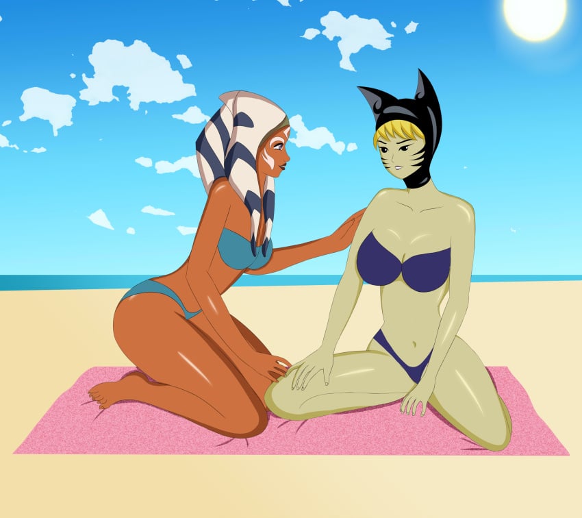 2girls ahsoka_tano alien_girl anoneysnufftan applying_sunscreen barefoot beach bikini blonde_hair blue_bikini breasts cat_ears cleavage clone_wars crossover edasbild embarrassed female female_only hoodie humiliation imminent_death katnappe killer_lotion massage murder navel ocean orange_skin panties peril punishment purple_bikini rubbing sand seaside sitting sky snuff star_wars strapless_bikini summer sunbathing swimsuit togruta towel xiaolin_showdown