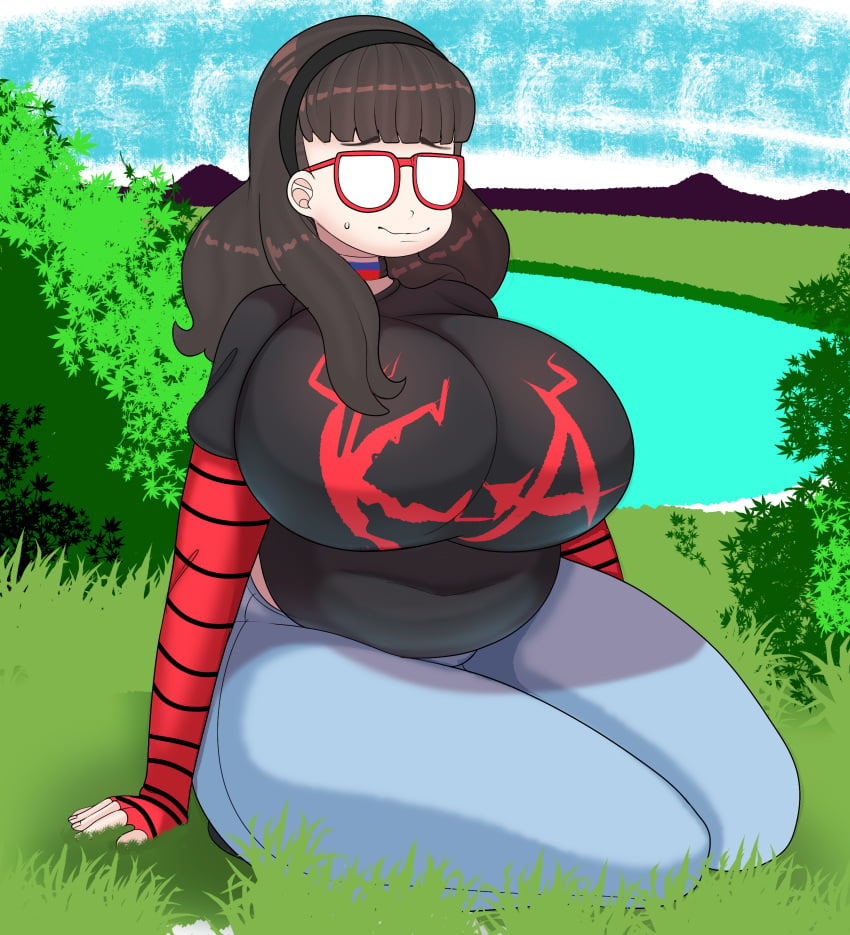 1girls bangs bbw big_breasts black_hair choker chubby eastwood_comics fladdykin glasses headband hi_res huge_breasts kristy_adamov nerd nervous outside sitting solo thick_thighs tight_clothing