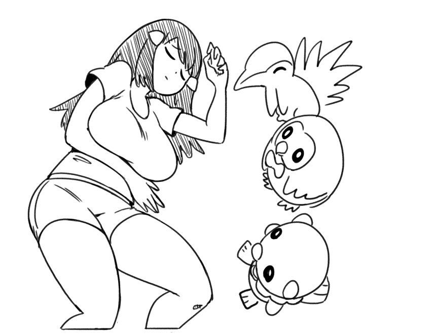 1girls 2022 absurd_res akari_(pokemon) bare_arms black_and_white breasts closed_eyes clothed clothing cyndaquil female hair_ornament highres large_breasts long_hair lying minus8 monochrome nintendo on_side oshawott pokemon pokemon_(species) pokemon_legends:_arceus rowlet shirt shorts simple_background sleeping thick_thighs thighs tight_clothing white_background