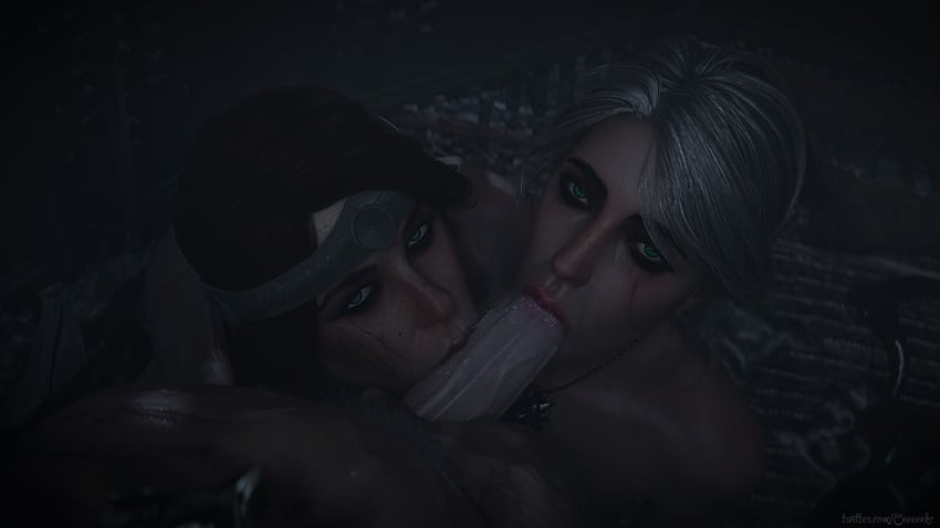 1boy 2girls 3d 3d_(artwork) blender blender_(software) blowjob blue_eyes cd_projekt_red ceeeeekc cerys_an_craite ciri collaborative_fellatio dark_room eye_contact fellatio female geralt_of_rivia green_eyes male oral partial_male pov saliva seductive_eyes sex teamwork the_witcher_(series) the_witcher_3:_wild_hunt