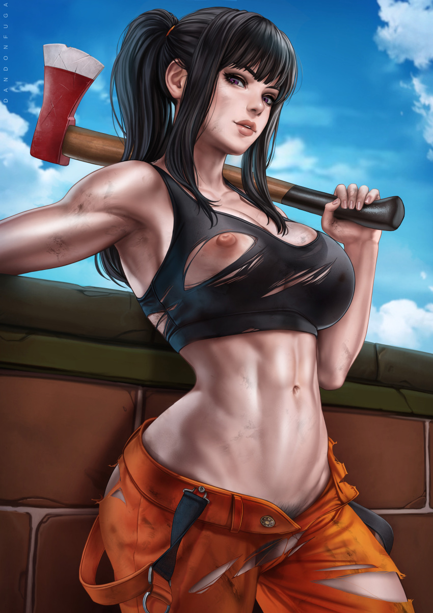 1girls abs against_wall armpits axe bangs bare_arms bare_shoulders bare_skin bare_thighs big_breasts black_hair breasts brick_wall busty child_bearing_hips clothed clothing damaged_clothes damaged_clothing dandon_fuga dirt enen_no_shouboutai female female_focus female_only fire_axe fire_force fit fit_female hips holding_axe large_breasts long_hair looking_at_viewer muscular muscular_female navel oze_maki ponytail purple_eyes solo solo_female solo_focus standing thick_thighs thigh toned toned_female toned_stomach torn_clothes torn_clothing torn_pants wide_hips