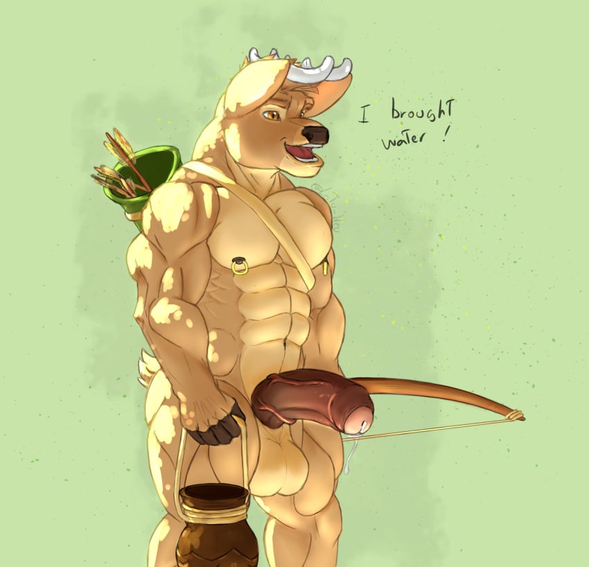 anthro arrow balls big_balls big_muscles big_pecs big_penis black_penis bodily_fluids bow brown_body brown_fur capreoline cervid curved_penis dialogue erection foreskin fur genital_fluids genitals hi_res humanoid_genitalia humanoid_penis jar lotu_bleu male male_only mammal muscular nipple_piercing nipples noah_(lotu_bleu) nude partially_retracted_foreskin pecs penis piercing precum simple_background smile solo text thick_penis vein veiny_penis white-tailed_deer white_body white_fur