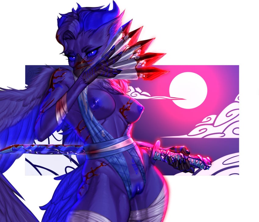 anthro avian blade blades blood bodily_fluids breasts dangerous feathers female genitals gore gryphon hi_res invalid_tag katana melee_weapon moon mythological_avian mythology night nipples nude pinup pose pussy solo stronkfurry sword weapon wings