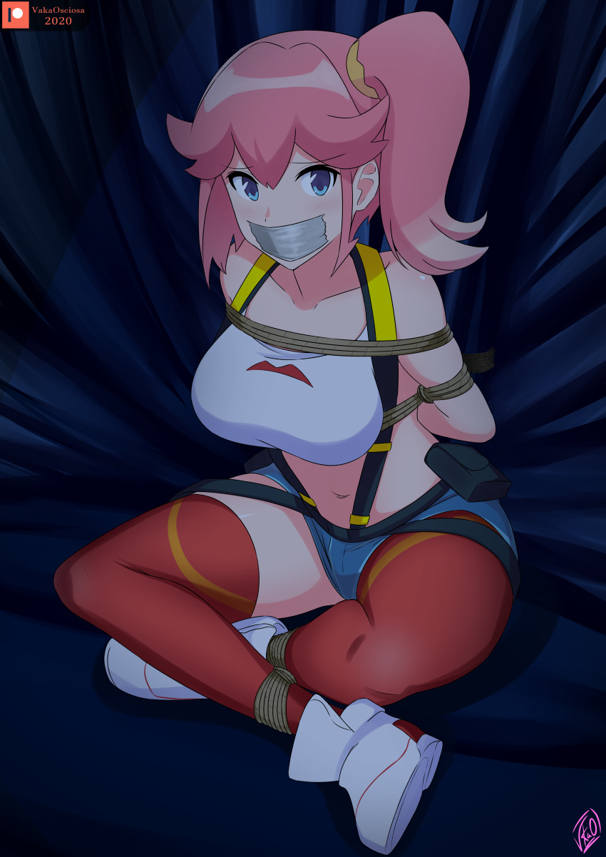 aina_ardebit arms_tied_behind_back blue_eyes bondage bound_ankles female gag gagged legs_crossed looking_at_viewer pink_hair promare tape_gag vakaosciosa