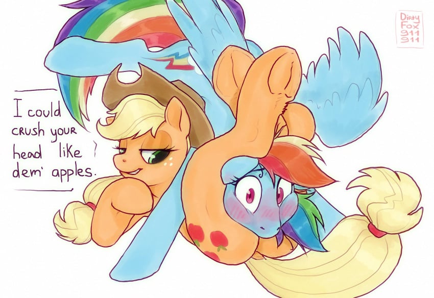 applejack_(mlp) blonde_hair cutie_mark dirtyfox911911 duo earth_pony equine female friendship_is_magic hat head_between_thighs head_grab headscissor my_little_pony pegasus pony rainbow_dash_(mlp) rainbow_hair self_upload smooth_skin text tied_hair wrestling