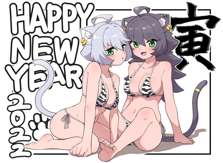 2022 2girls :d absurdres ahoge animal_ear_fluff animal_ears animal_print bare_legs bare_shoulders barefoot bikini black_hair blush border breasts cat_ears cat_girl cat_tail chinese_zodiac collarbone commentary_request ear_piercing eyebrows_visible_through_hair feet female green_eyes grey_hair happy_new_year highres large_breasts long_hair mole mole_under_eye mole_under_mouth multiple_girls navel new_year ngetyan oerba_yun_fang open_mouth original outline piercing print_bikini renge_(ngetyan) ringe_(ngetyan) short_hair side-tie_bikini simple_background sitting smile soles string_bikini swimsuit tail tail_ornament tail_ring tiger_print toes translated white_background white_outline white_tiger_print year_of_the_tiger