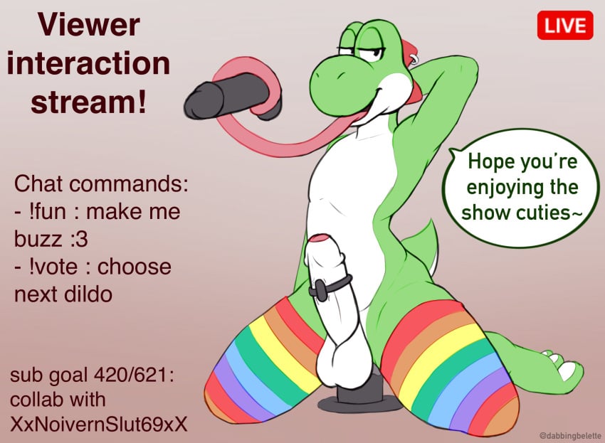 2022 alternate_version_at_source anthro balls bedroom_eyes biped clothed clothing dabelette dialogue dildo dildo_sitting english_text erection femboy foreskin front_view furgonomics furry-specific_piercing gay genitals glans gradient_background green_body hand_behind_head hi_res holding_dildo holding_object holding_sex_toy humanoid_genitalia humanoid_penis kneeling legwear legwear_only livestream long_tongue male male_only mario_(series) mostly_nude multicolored_body multicolored_clothing multicolored_legwear multicolored_stockings narrowed_eyes nintendo penetration penile penis piercing rainbow_clothing rainbow_legwear rainbow_stockings seductive sex_toy simple_background solo solo_male speech_bubble stockings stockings_only text tongue topless two_tone_body vibrator vibrator_on_penis video_games white_body yoshi