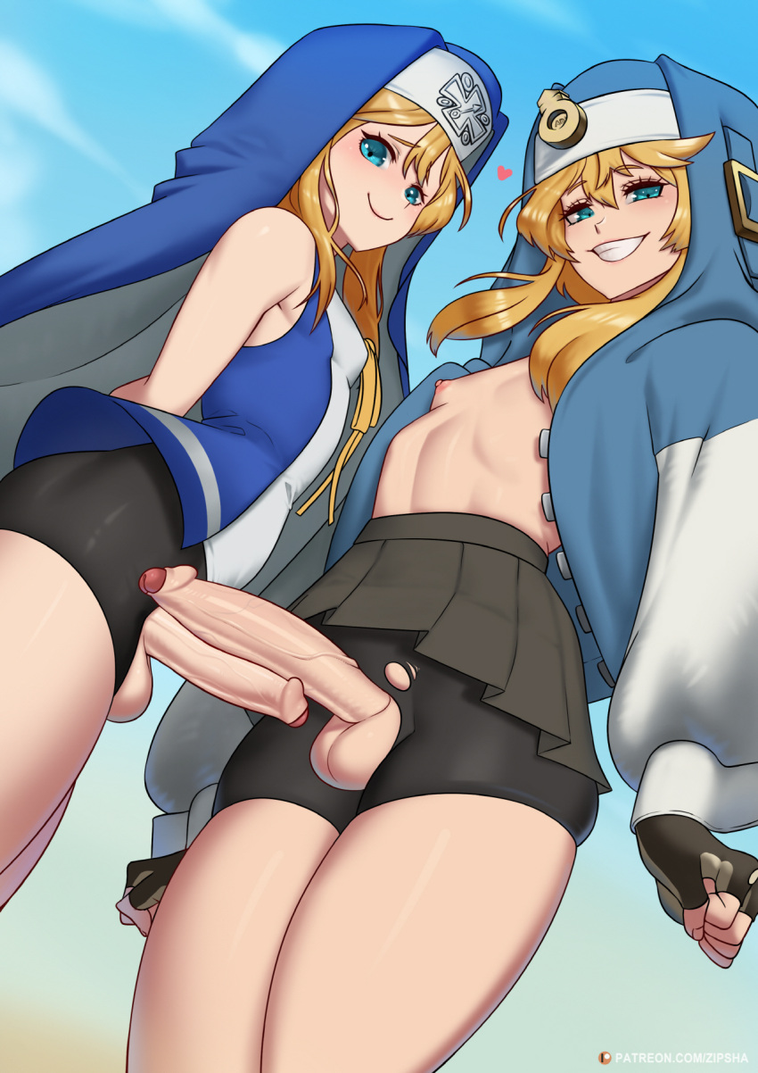 2boys androgyne_symbol androgynous balls big_penis blonde_hair blue_eyes bridget bridget_grin bulge clothed clothing erection erection_under_clothes femboy frottage fully_clothed guilty_gear guilty_gear_strive human light_skin male mars_symbol partially_retracted_foreskin penis penises_touching shorts solo standing uncut zipsha