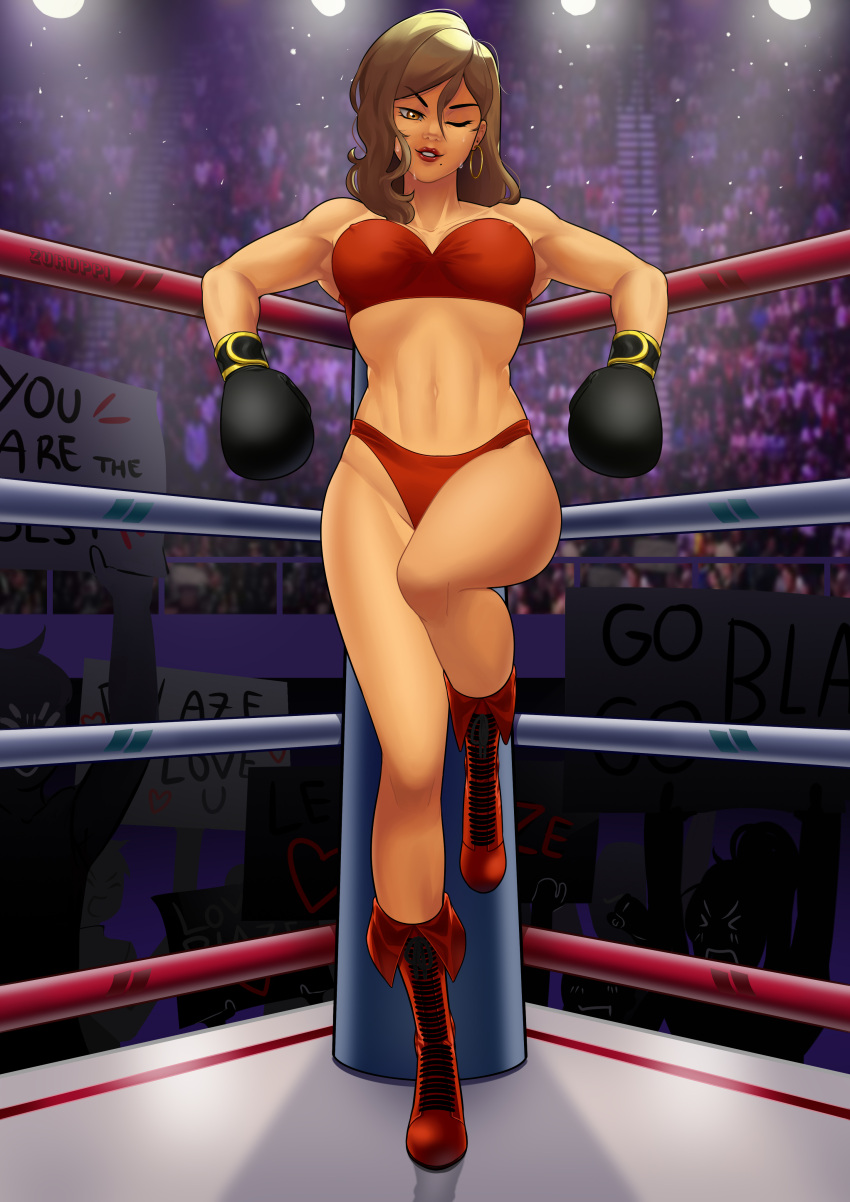 1girls alternate_version_available arena athletic athletic_female big_breasts black_boxing_gloves black_gloves blaze_fielding boots boxing boxing_gloves boxing_ring breasts brown_eyes brown_hair busty female female_focus hourglass_figure lipstick long_hair makeup mole mole_under_mouth navel sega streets_of_rage tagme wide_hips zuruppi