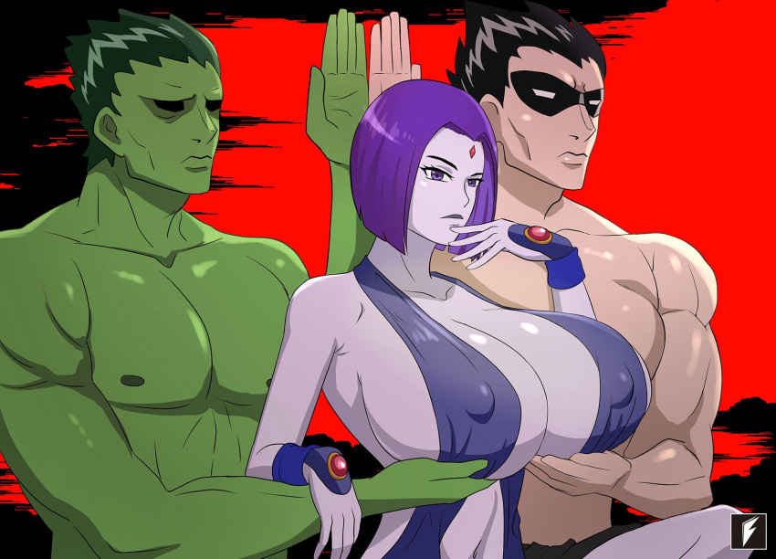 1girls 2boys beast_boy big_breasts black_hair breast_lift breasts cambion cleavage clothing curvy_female dc dc_comics demon_girl dick_grayson female forehead_jewel garfield_logan green_hair green_skin half_demon hand_on_breast handwear huge_breasts inner_sideboob male mask medium_hair muscular muscular_male nipple_bulge nipples parody purple_eyes purple_hair purple_skin rachel_roth raven_(dc) robin_(dc) robin_(dick_grayson) servants_holding_aphrodite's_breasts_(meme) sideboob teen_titans teng_zhai_zi thin_arms thin_waist upper_body