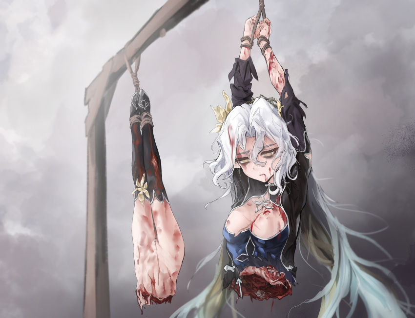 absurdres bisected blood bondage breasts corpse death dismemberment empty_eyes epic7 epic_seven female_death gore guro highres medium_breasts nipples noose suspension white_hair yodosumiori