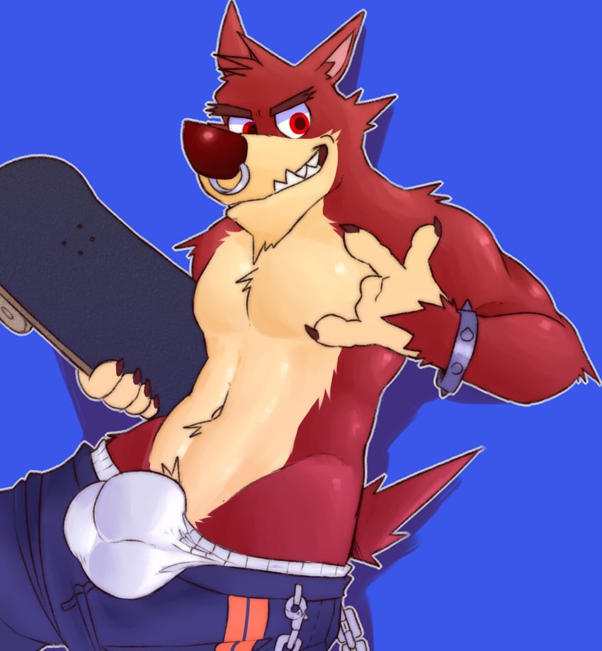 1boy 2022 5_fingers abs absurd_res anthro athletic athletic_anthro athletic_male atlus balls_outline biceps big_bulge blue_background blue_pants bottomwear boxers boxers_(clothing) bracelet brown_nose bulge bulge_through_clothing canid canine canis cargo_pants clothed clothing countershade_fur countershade_torso countershading decker_(go!_go!_hypergrind) digital_media_(artwork) eyebrows facial_piercing fingers flaccid fleshformomo fur gay genital_outline gesture go!_go!_hypergrind hi_res ily_sign male male_focus male_only male_solo mammal multicolored_body multicolored_fur navel nose_piercing nose_ring pants pecs piercing pinup pose red_body red_eyes red_fur sagging_pants sheath_outline simple_background skateboard skater smile solo solo_male spiked_bracelet tan_body tan_countershading tan_fur teeth topless two_tone_body two_tone_fur underwear video_games white_boxers wolf yaoi