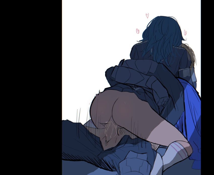 1boy 1girls ass big_ass byleth_(fire_emblem) byleth_(fire_emblem)_(female) cum_in_pussy cum_inside dimitri_alexandre_blaiddyd female female_on_top fire_emblem fire_emblem:_three_houses heart hugging kariniarts male mostly_clothed nintendo riding source_request straight vaginal_penetration