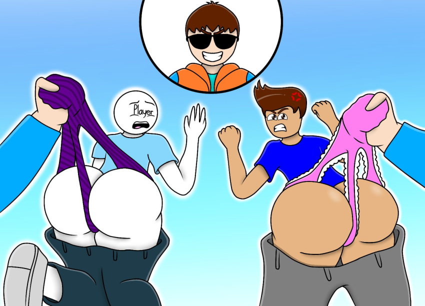 2boys angry blue_pants blue_shirt embarrassed femboy grey_pants lt03official pants_down pink_panties purple_panties striped_panties suprised wedgie white_skin