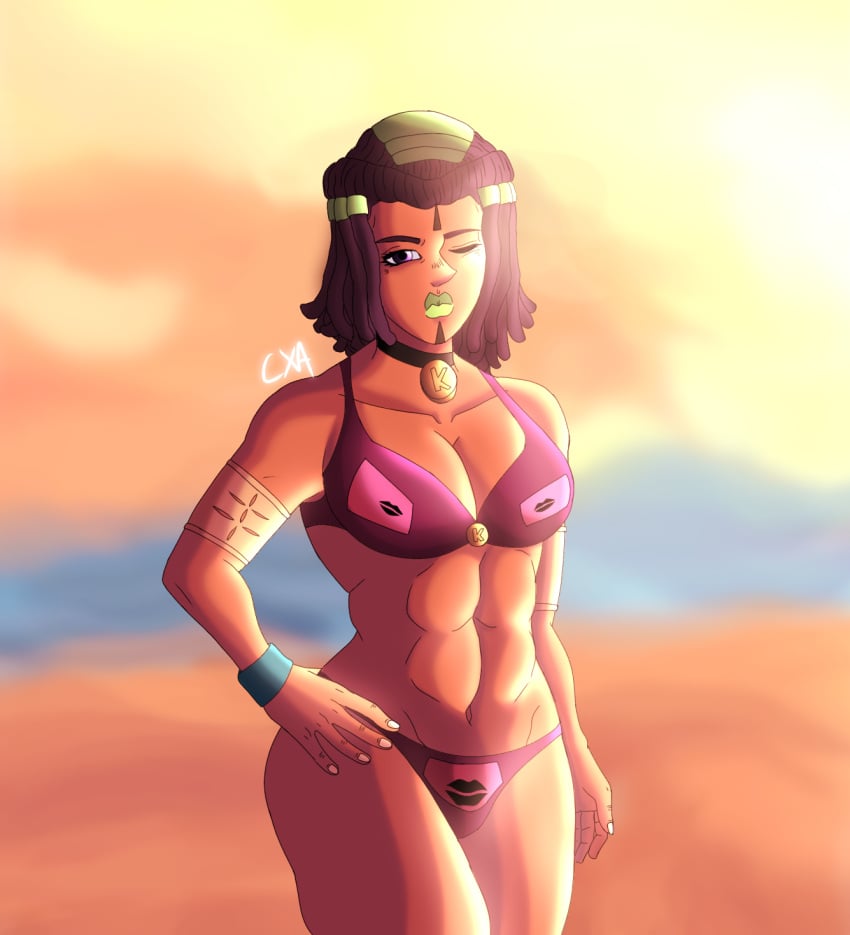 bikini brown_skin chromexorannex ermes_costello jojo's_bizarre_adventure lipstick muscular_female ourobouro purple_eyes purple_hair stone_ocean