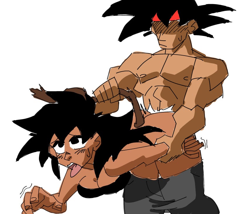 3/4_view ahe_gao bardock dark_skin doggy_style dominant_male dragon_ball from_behind muscular_male nipples no_humans oc open_mouth partially_clothed saiyan spiky_hair submissive_female sweatdrop tail