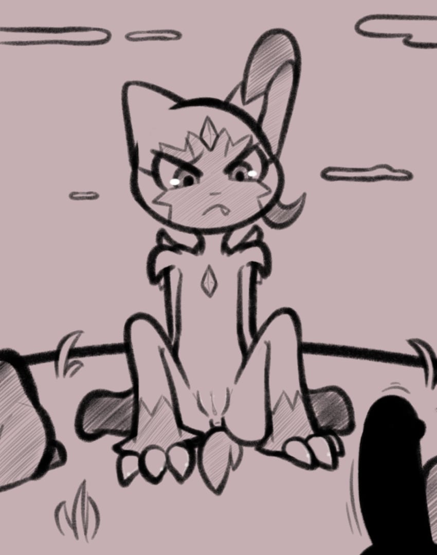 2022 angry anthro anus conditional_dnp disembodied_penis duo erect female female_focus feral front_view frown genitals hi_res male male/female monochrome nintendo nude penis pokémon_(species) pokemon pokemon_legends:_arceus pussy sitting sketch sneasler solo_focus thehenwithatie video_games