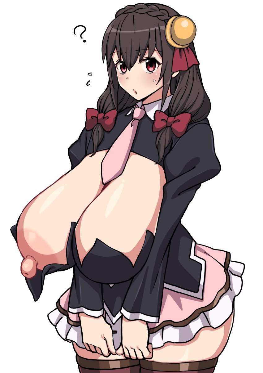 1girls ? areolae big_breasts breasts brown_hair erect_nipples eye_contact female hair_ribbon hanging_nipples huge_breasts komusou_(jinrikisha) kono_subarashii_sekai_ni_shukufuku_wo! looking_at_viewer massive_breasts nipples red_eyes skirt solo standing thick_thighs thighhighs thighs twintails white_background wide_hips yunyun_(konosuba)