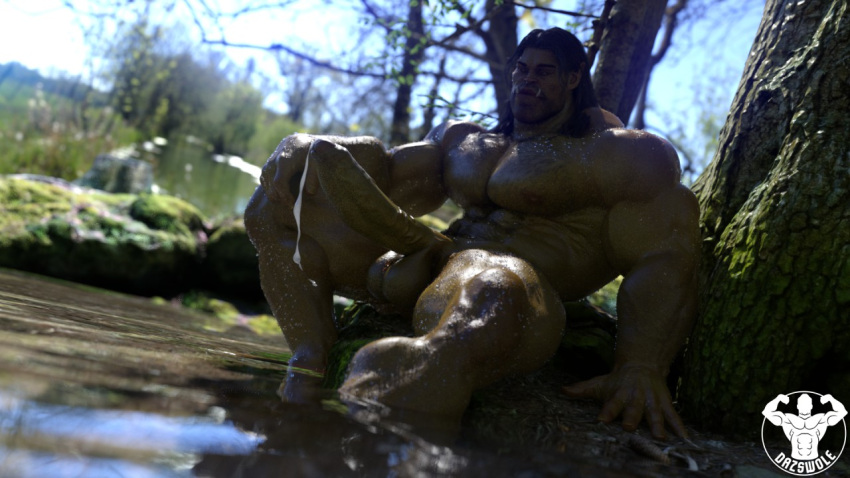 bodily_fluids cum cum_drip dazswole dripping forest forest_background genital_fluids green_body green_skin hairy humanoid male male_only muscular muscular_male nature nature_background nipples orc orc_male plant solo tree